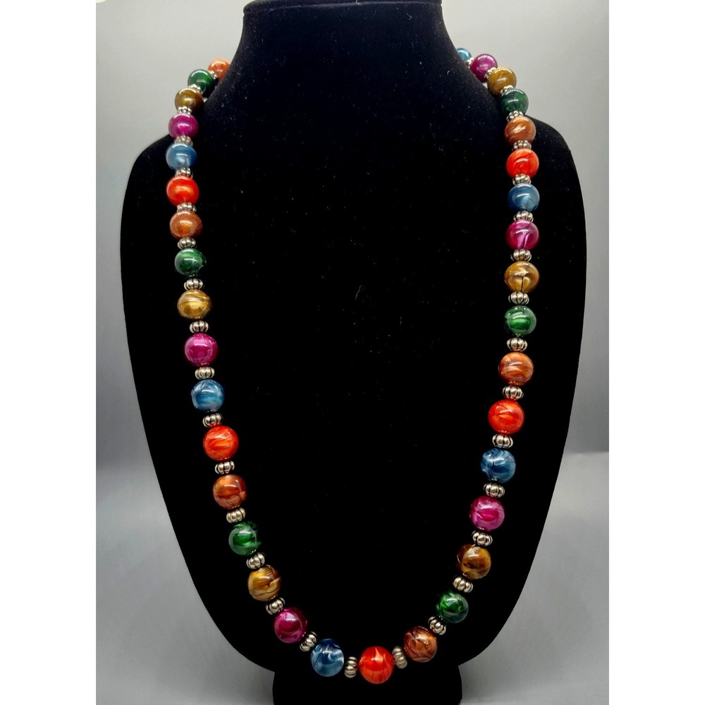 Vintage Multi Color Marbled Bead Necklace Silver Tone Spacers Boho Statement